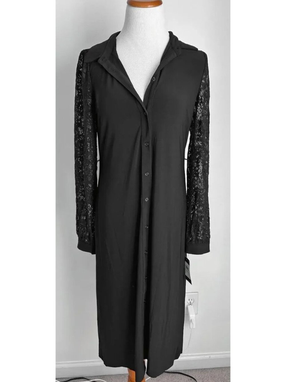 NWT! Tommy Hilfiger Button Down Black Dress, Lace Long Sleeve, Size 4, Orig $129